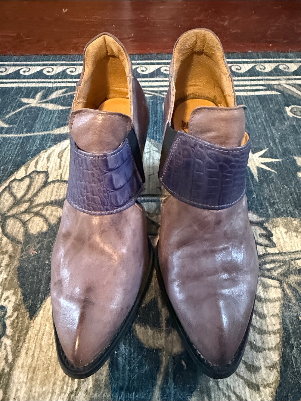 John Fluevog “Entrance” Purple Leather Pointed Ankle Booties with Croc Strap